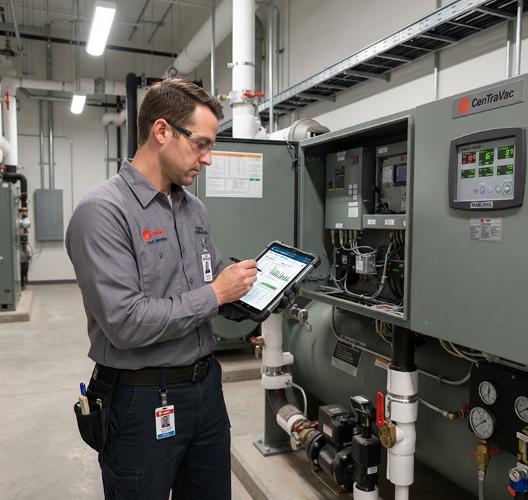 HVAC technician servicing commercial equipment with a tablet